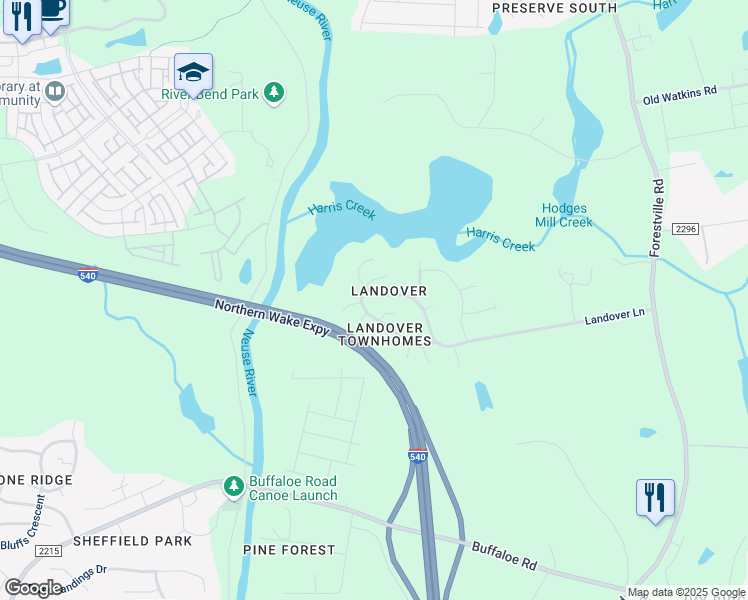 map of restaurants, bars, coffee shops, grocery stores, and more near 4709 Landover Dale Drive in Raleigh
