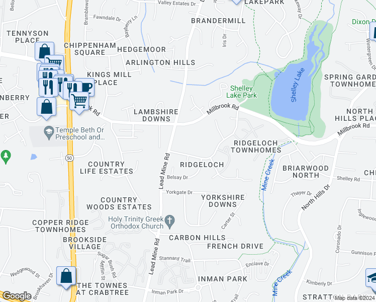 map of restaurants, bars, coffee shops, grocery stores, and more near 5417 Old Towne Road in Raleigh