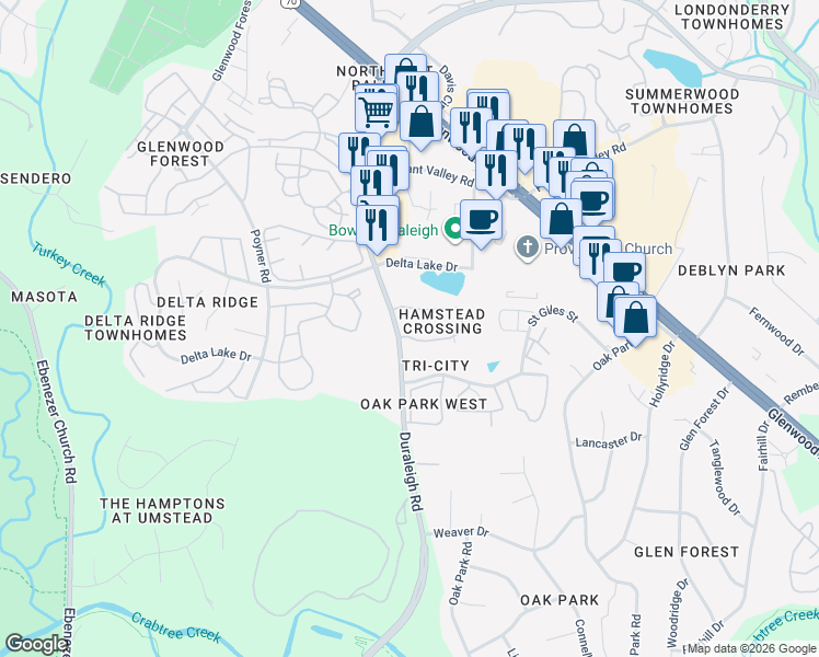 map of restaurants, bars, coffee shops, grocery stores, and more near 5503 Hamstead Crossing in Raleigh