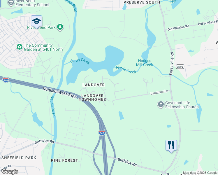 map of restaurants, bars, coffee shops, grocery stores, and more near 4605 Landover Glenn Court in Raleigh