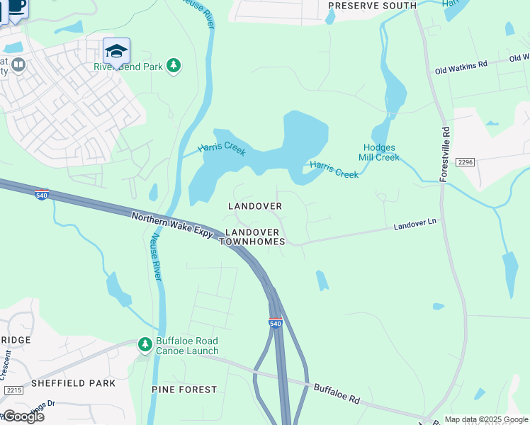 map of restaurants, bars, coffee shops, grocery stores, and more near 4604 Landover Woods Lane in Raleigh