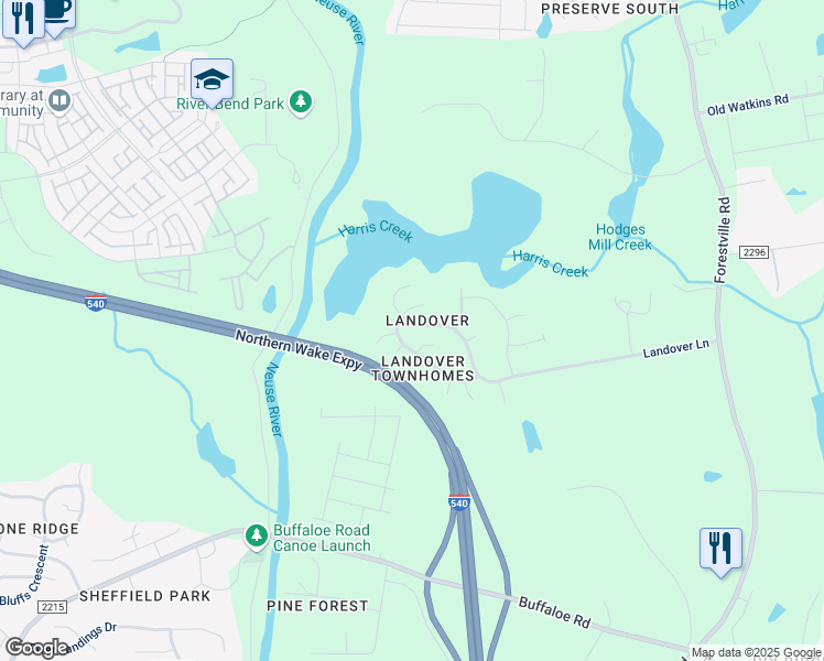 map of restaurants, bars, coffee shops, grocery stores, and more near 4709 Landover Dale Drive in Raleigh