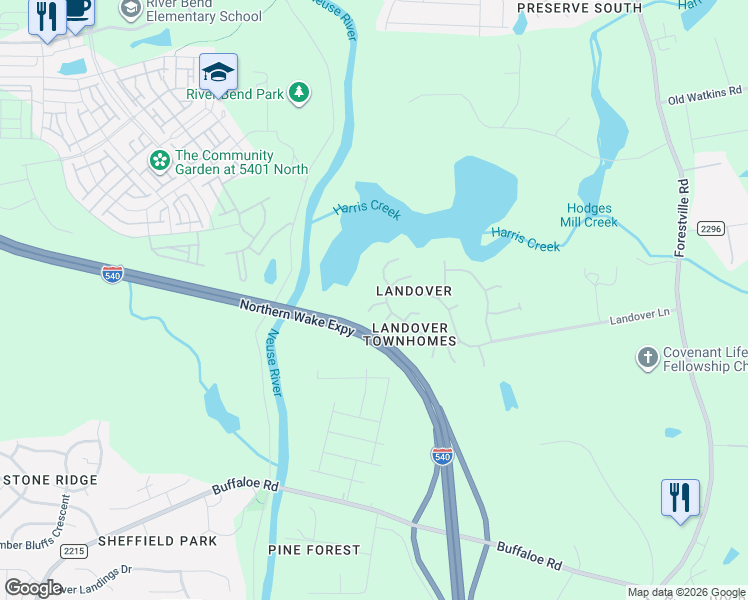 map of restaurants, bars, coffee shops, grocery stores, and more near 4826 Landover Bluff Way in Raleigh