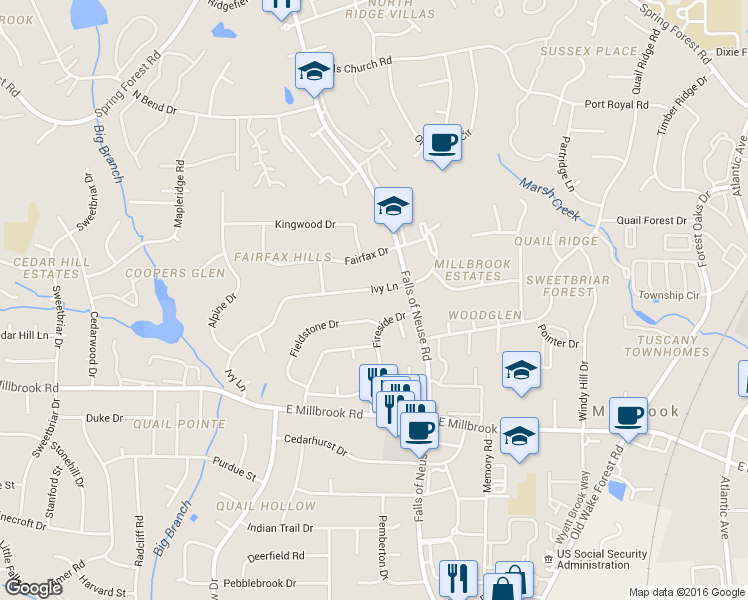 map of restaurants, bars, coffee shops, grocery stores, and more near 1408 Ivy Ln in Raleigh