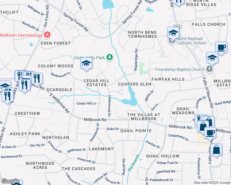map of restaurants, bars, coffee shops, grocery stores, and more near 539 Pine Ridge Place in Raleigh