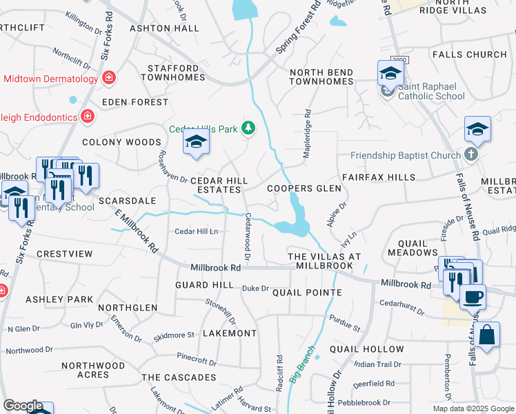 map of restaurants, bars, coffee shops, grocery stores, and more near 539 Pine Ridge Place in Raleigh