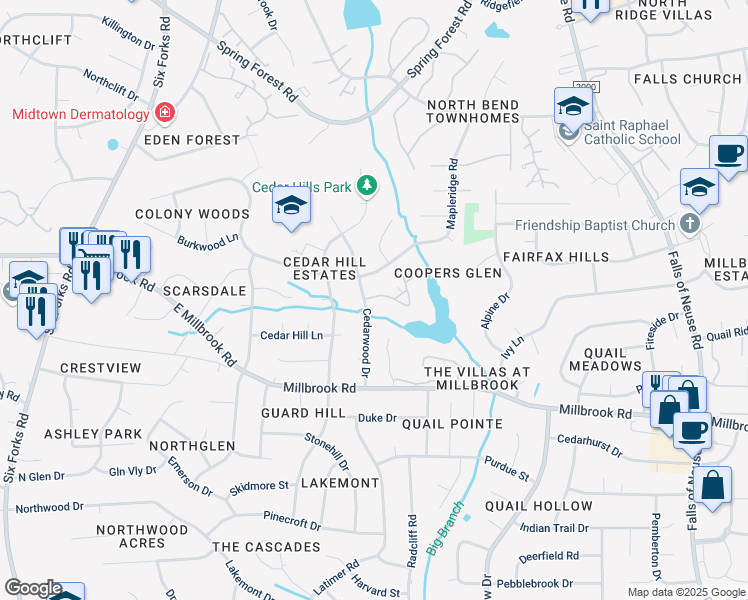map of restaurants, bars, coffee shops, grocery stores, and more near 539 Pine Ridge Place in Raleigh