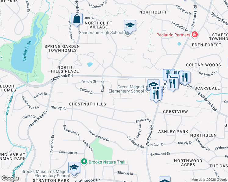 map of restaurants, bars, coffee shops, grocery stores, and more near 5223 Lansdowne Place in Raleigh