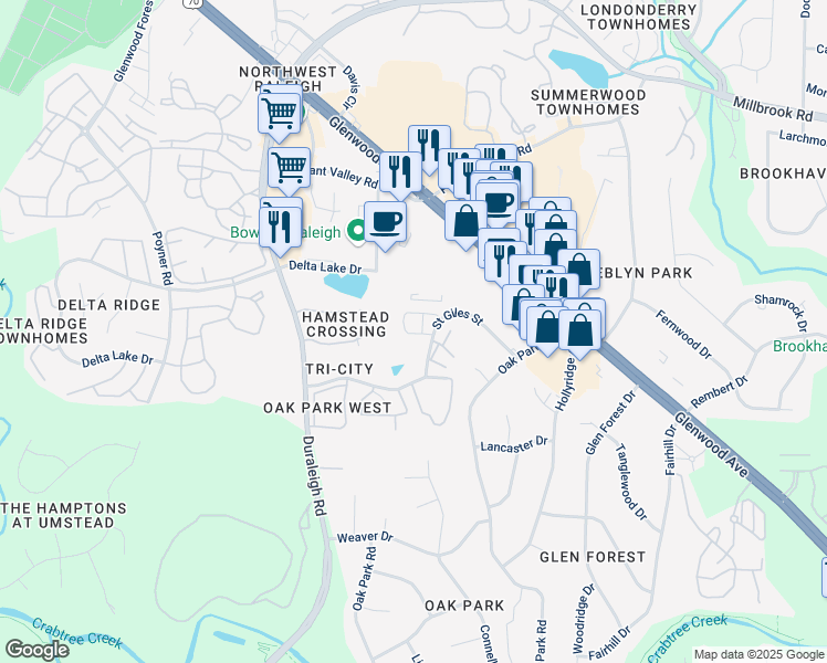 map of restaurants, bars, coffee shops, grocery stores, and more near 6148 Saint Giles Street in Raleigh