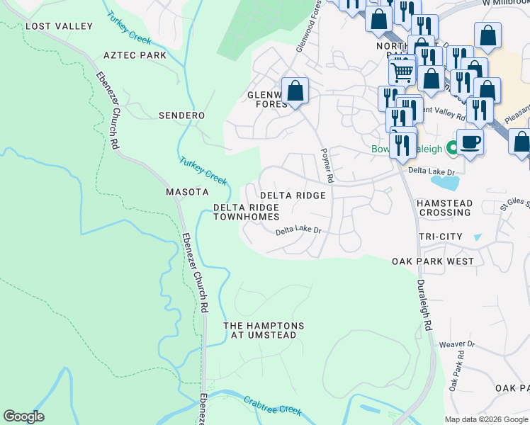 map of restaurants, bars, coffee shops, grocery stores, and more near 5509 Creekdale Circle in Raleigh