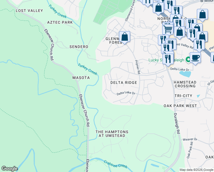 map of restaurants, bars, coffee shops, grocery stores, and more near 5221 Echo Ridge Road in Raleigh
