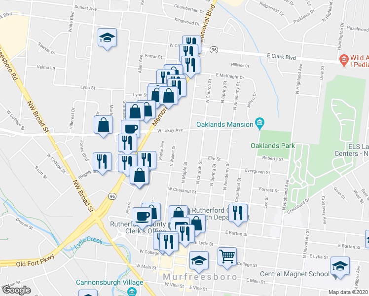 map of restaurants, bars, coffee shops, grocery stores, and more near 812 North Maple Street in Murfreesboro