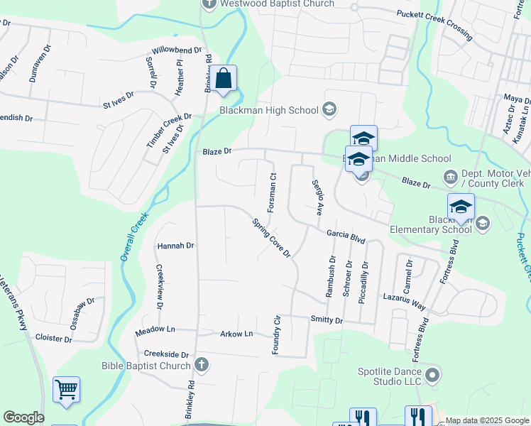 map of restaurants, bars, coffee shops, grocery stores, and more near 4625 Forsman Court in Murfreesboro