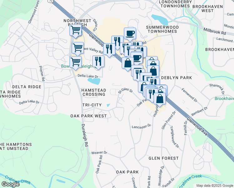 map of restaurants, bars, coffee shops, grocery stores, and more near 6148 Saint Giles Street in Raleigh