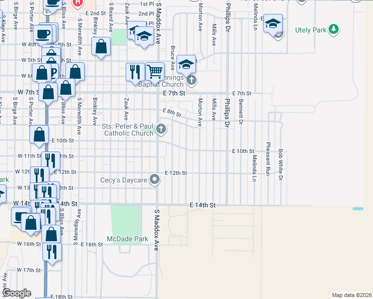 map of restaurants, bars, coffee shops, grocery stores, and more near 1000 East 10th Street in Dumas