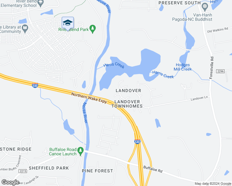 map of restaurants, bars, coffee shops, grocery stores, and more near 4826 Landover Bluff Way in Raleigh