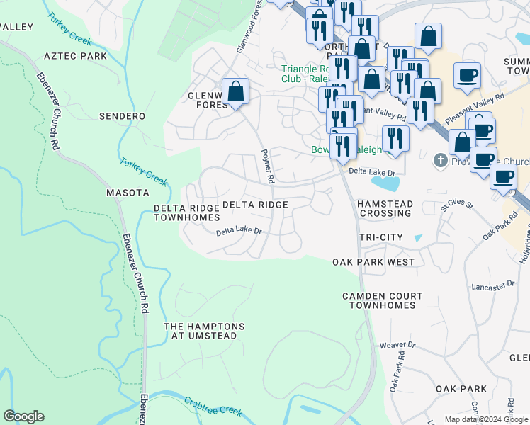 map of restaurants, bars, coffee shops, grocery stores, and more near 4704 Delta Ridge Court in Raleigh