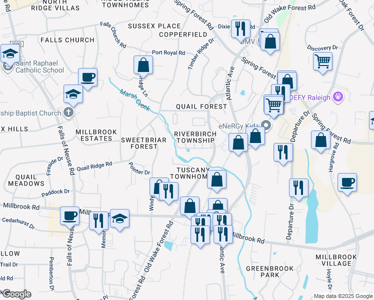 map of restaurants, bars, coffee shops, grocery stores, and more near 1607 Township Circle in Raleigh