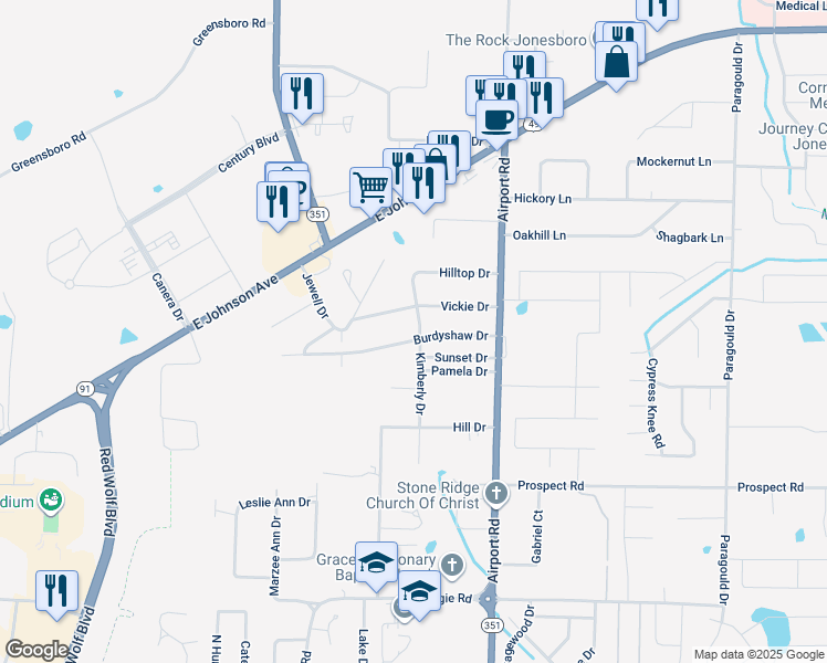 map of restaurants, bars, coffee shops, grocery stores, and more near 1105 Kimberly Drive in Jonesboro
