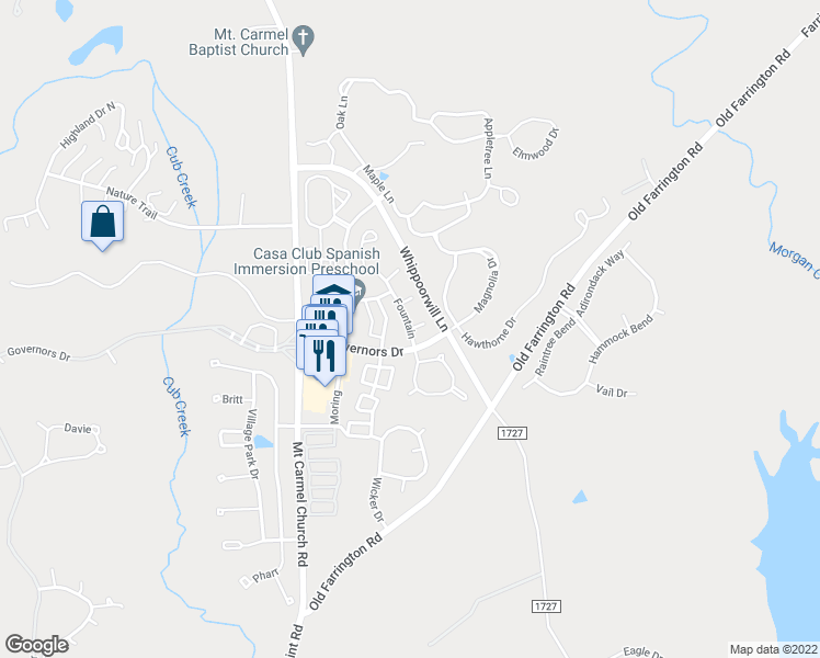 map of restaurants, bars, coffee shops, grocery stores, and more near Fountain & Grier in Chatham