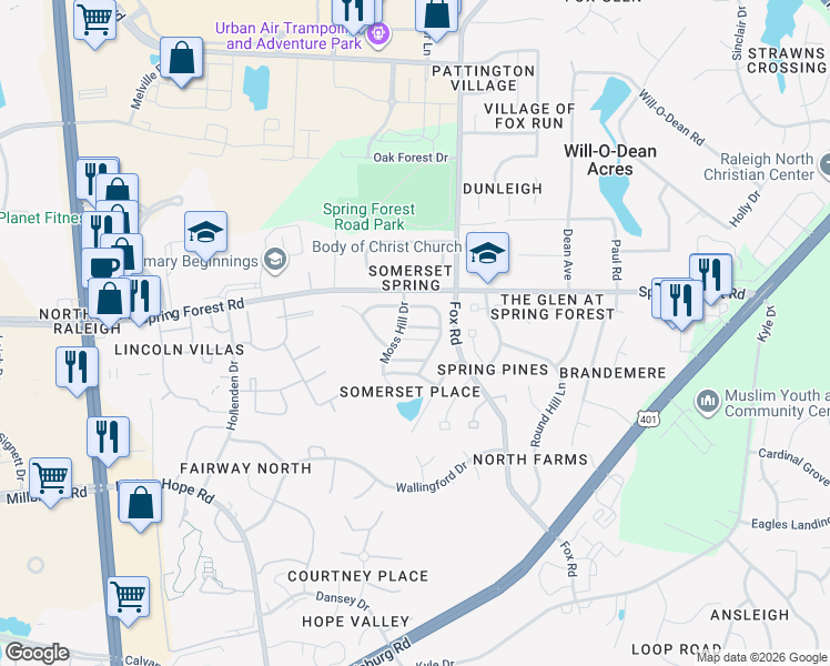 map of restaurants, bars, coffee shops, grocery stores, and more near 4412 Pottery Lane in Raleigh
