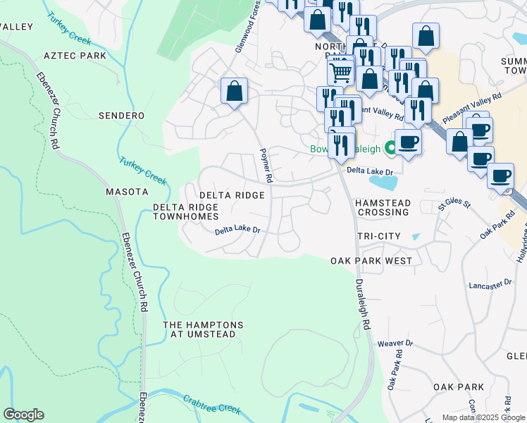 map of restaurants, bars, coffee shops, grocery stores, and more near 4704 Delta Ridge Court in Raleigh