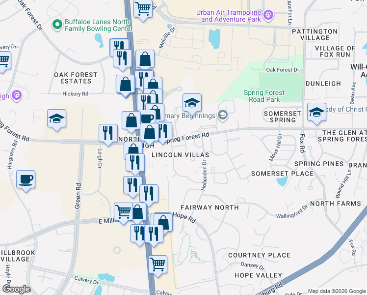 map of restaurants, bars, coffee shops, grocery stores, and more near 3709 San Pablo Drive in Raleigh