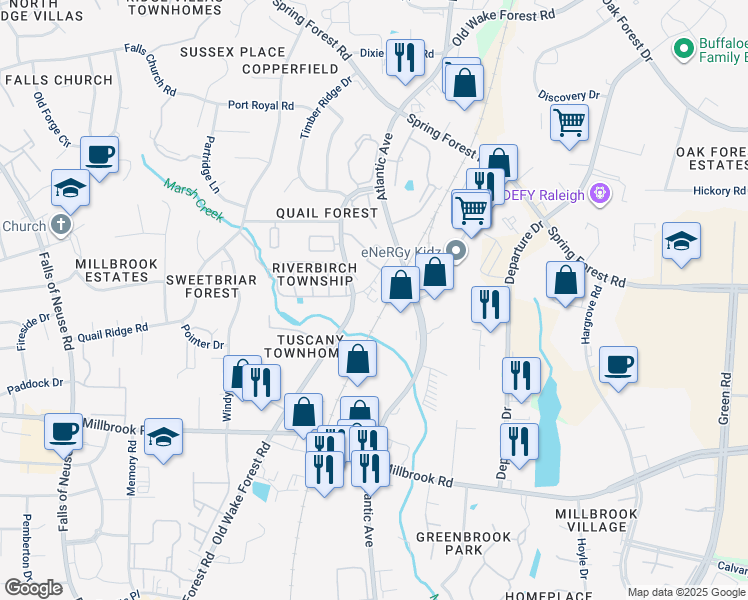 map of restaurants, bars, coffee shops, grocery stores, and more near 5508 Old Wake Forest Road in Raleigh