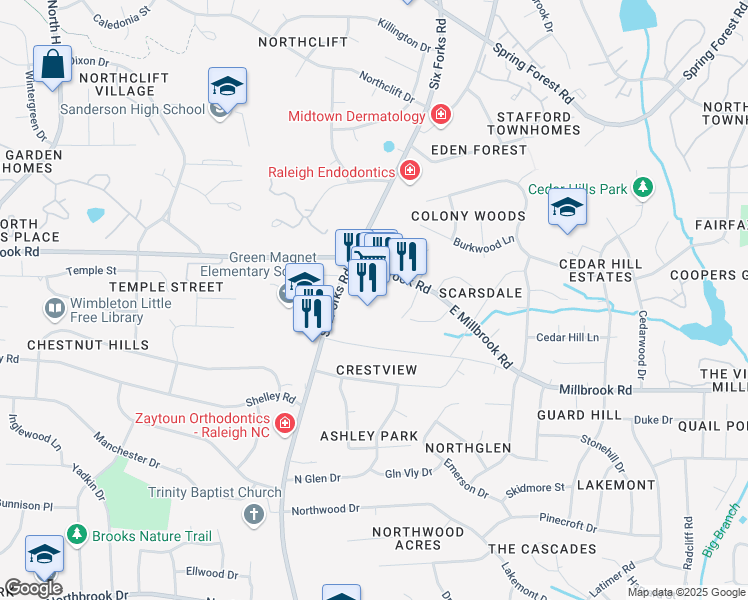map of restaurants, bars, coffee shops, grocery stores, and more near 5426 Six Forks Road in Raleigh