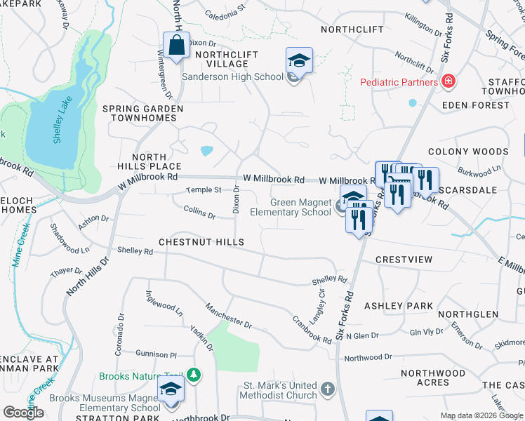map of restaurants, bars, coffee shops, grocery stores, and more near 5223 Lansdowne Place in Raleigh