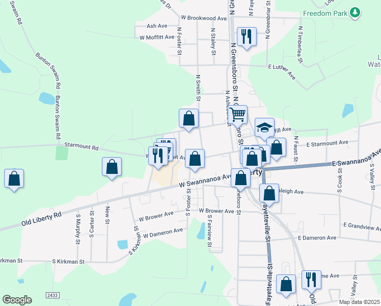 map of restaurants, bars, coffee shops, grocery stores, and more near 324 West Starmount Avenue in Liberty