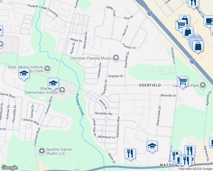 map of restaurants, bars, coffee shops, grocery stores, and more near 2567 Braxton Bragg Drive in Murfreesboro
