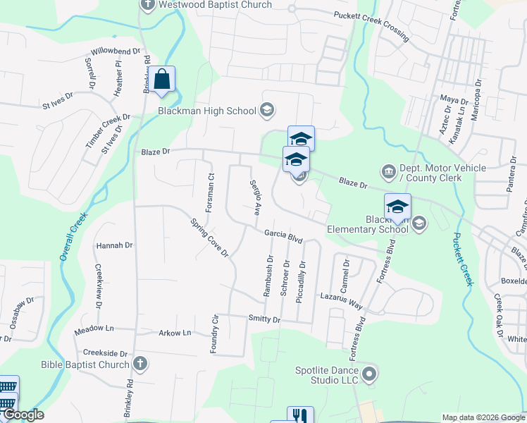 map of restaurants, bars, coffee shops, grocery stores, and more near 707 Kuchar Court in Murfreesboro