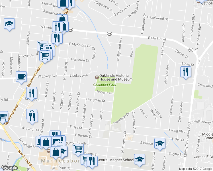 map of restaurants, bars, coffee shops, grocery stores, and more near 905 North Highland Avenue in Murfreesboro