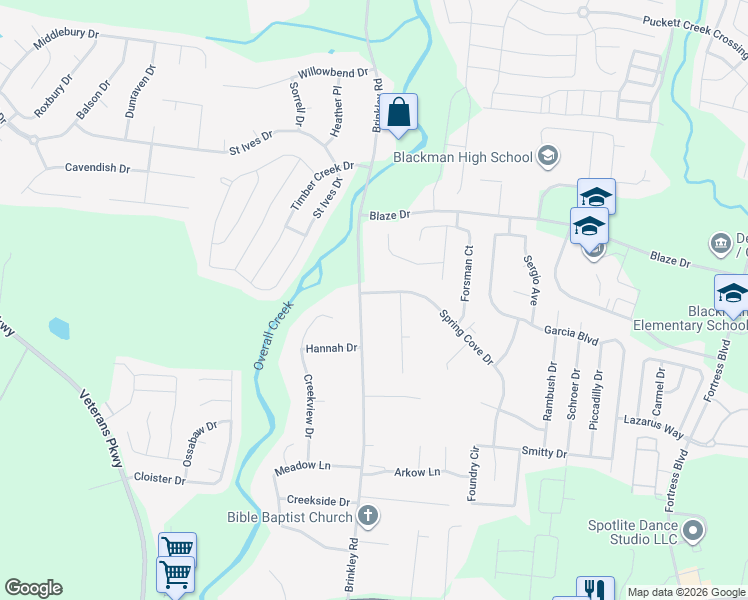 map of restaurants, bars, coffee shops, grocery stores, and more near 647 Brinkley Road in Murfreesboro