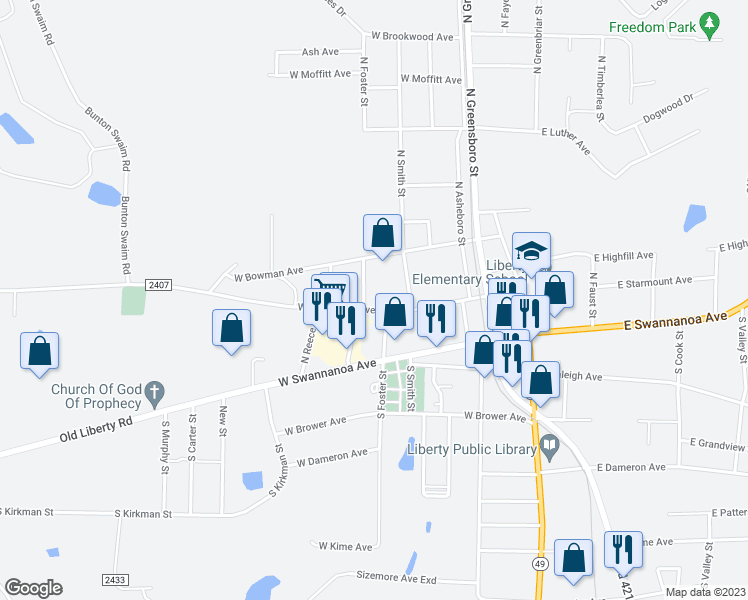 map of restaurants, bars, coffee shops, grocery stores, and more near 326 West Starmount Avenue in Liberty