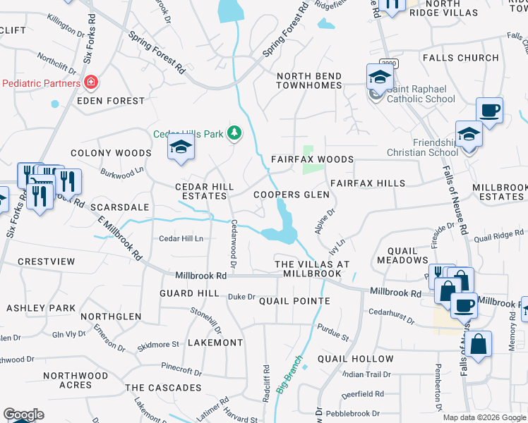 map of restaurants, bars, coffee shops, grocery stores, and more near 614 Pine Ridge Place in Raleigh