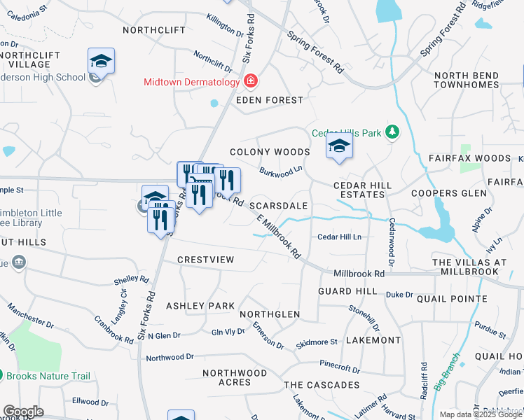 map of restaurants, bars, coffee shops, grocery stores, and more near 5200 Sedgefield Drive in Raleigh