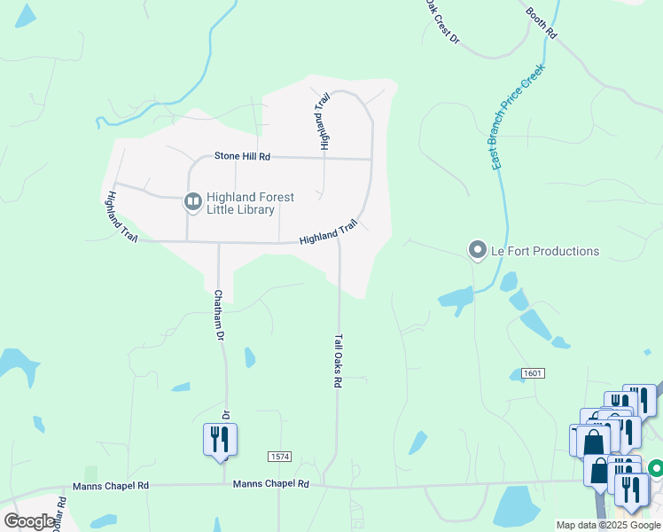map of restaurants, bars, coffee shops, grocery stores, and more near 585 Tall Oaks Road in Chapel Hill
