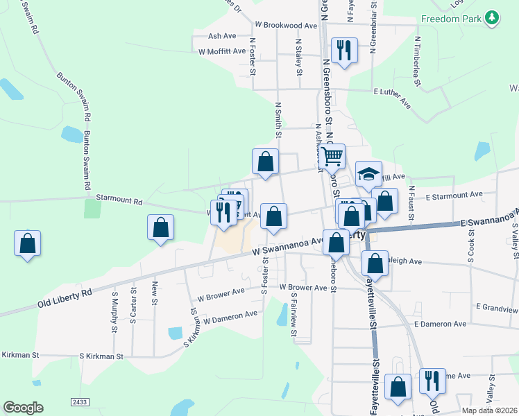 map of restaurants, bars, coffee shops, grocery stores, and more near 324 West Starmount Avenue in Liberty