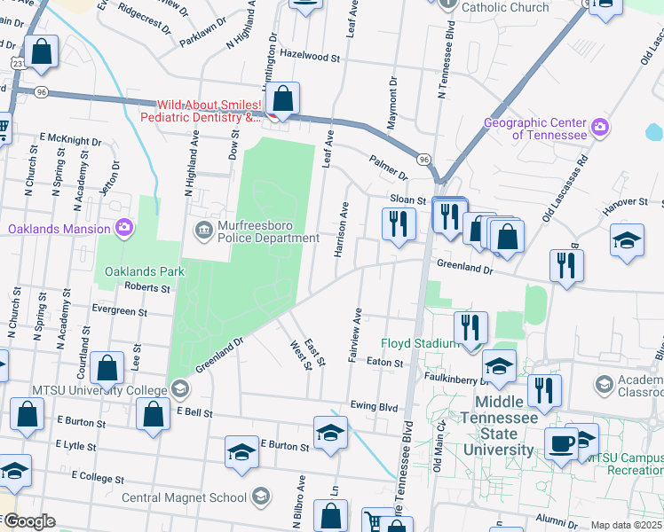 map of restaurants, bars, coffee shops, grocery stores, and more near 919 Greenland Drive in Murfreesboro