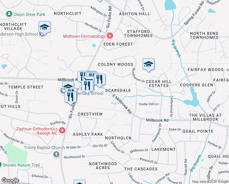 map of restaurants, bars, coffee shops, grocery stores, and more near 5200 Sedgefield Drive in Raleigh
