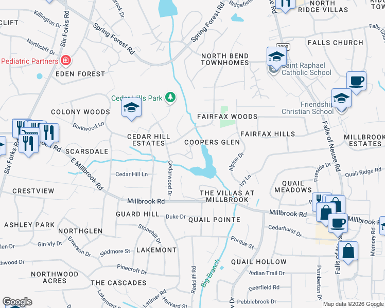 map of restaurants, bars, coffee shops, grocery stores, and more near 614 Pine Ridge Place in Raleigh