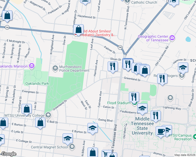 map of restaurants, bars, coffee shops, grocery stores, and more near 919 Greenland Drive in Murfreesboro