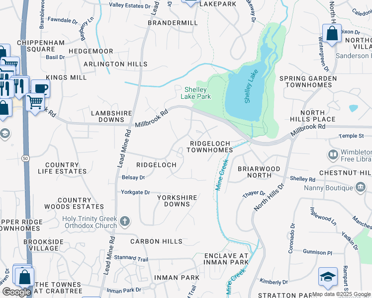 map of restaurants, bars, coffee shops, grocery stores, and more near 5454 Pine Top Circle in Raleigh