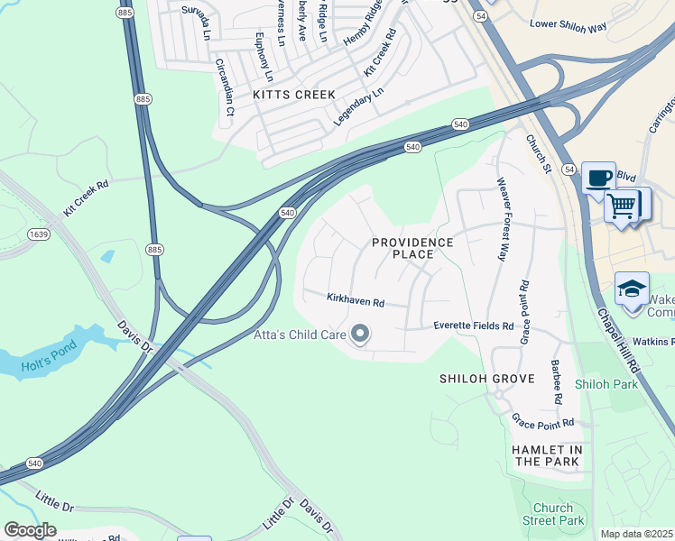 map of restaurants, bars, coffee shops, grocery stores, and more near 216 Joycliff Drive in Morrisville