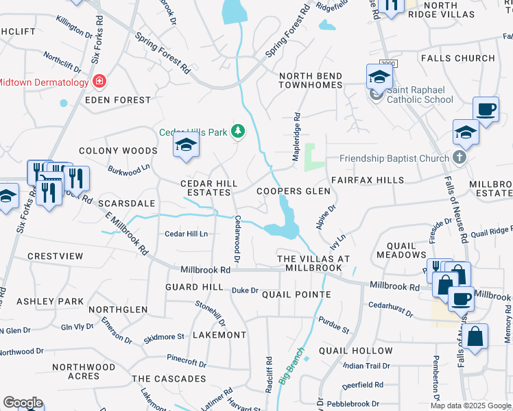 map of restaurants, bars, coffee shops, grocery stores, and more near 614 Pine Ridge Place in Raleigh