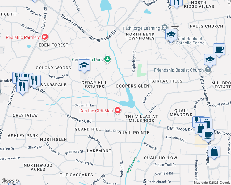 map of restaurants, bars, coffee shops, grocery stores, and more near 614 Pine Ridge Place in Raleigh