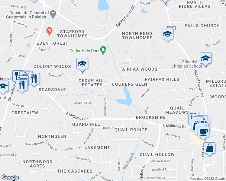 map of restaurants, bars, coffee shops, grocery stores, and more near 614 Pine Ridge Place in Raleigh