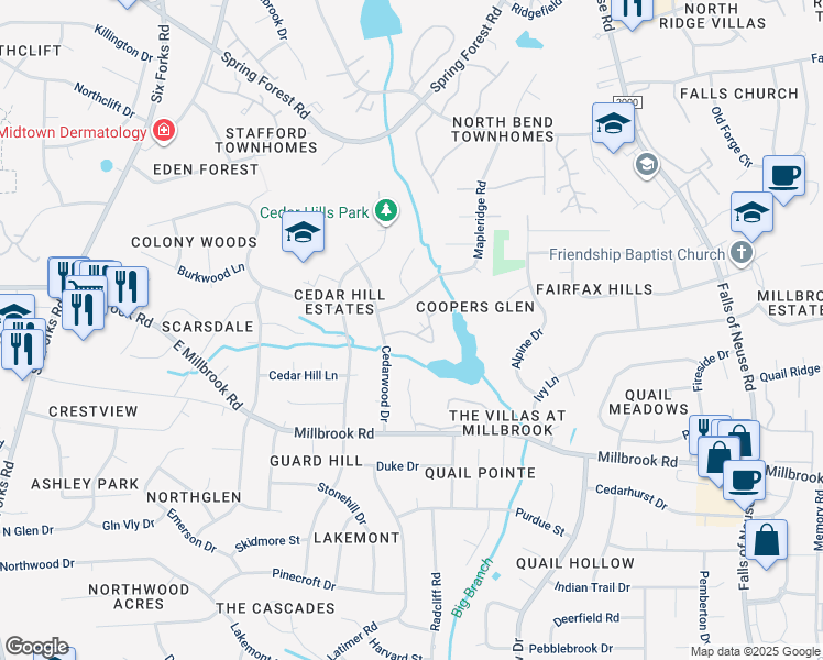 map of restaurants, bars, coffee shops, grocery stores, and more near 539 Pine Ridge Place in Raleigh